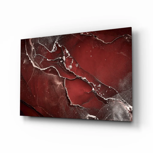 Stunning red marble glass wall art with silver swirls on canvas