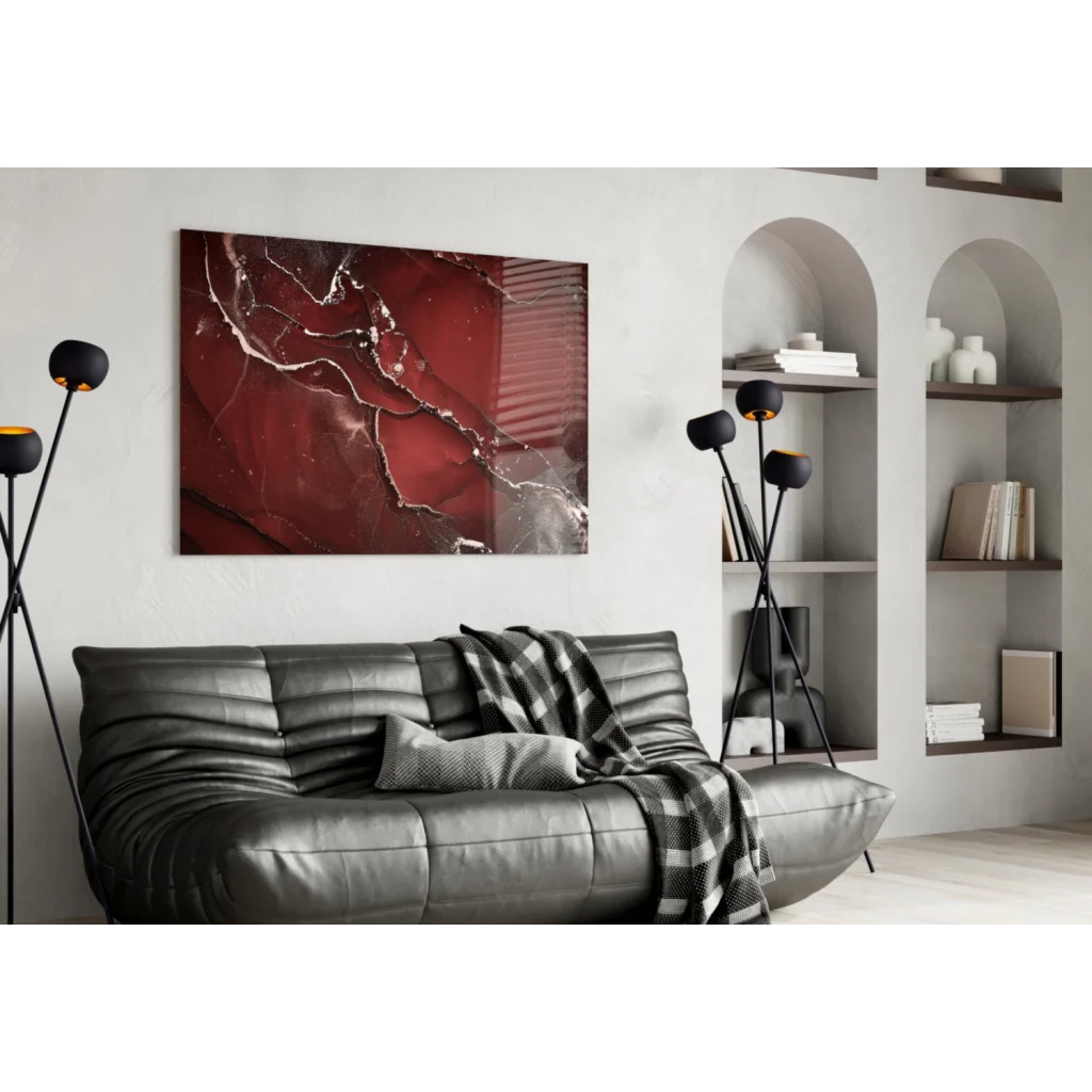 Stunning red marble glass wall art with silver swirls on canvas