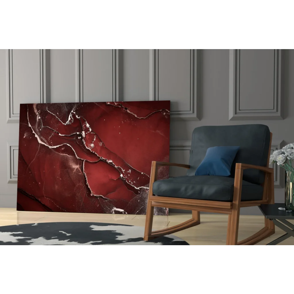 Stunning red marble glass wall art with gold and silver swirls