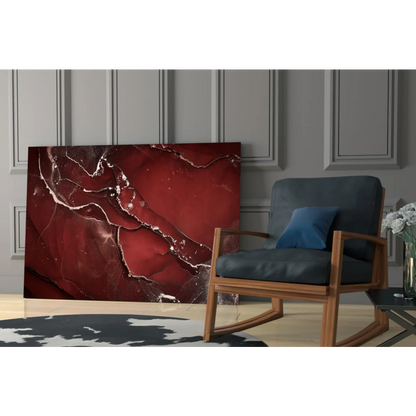 Stunning red marble glass wall art with gold and silver swirls