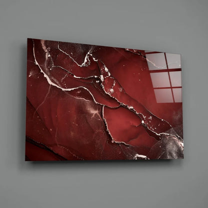Stunning red marble glass wall art with metallic silver swirls