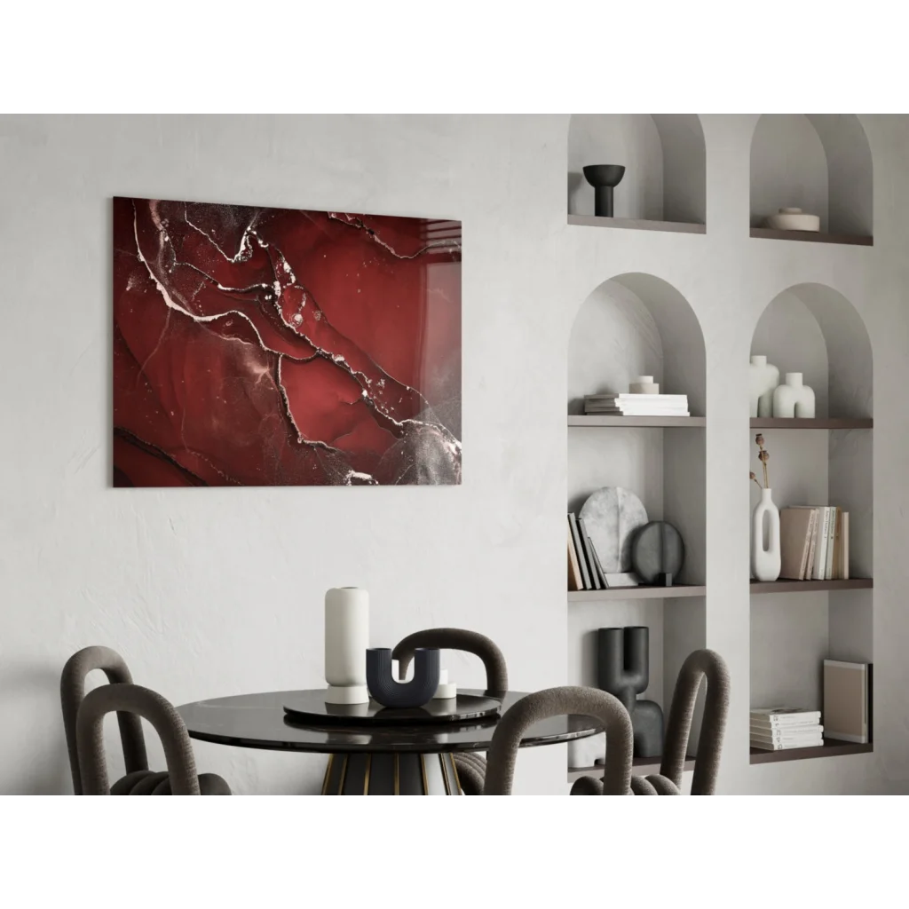 Stunning red marble glass wall art with metallic silver swirls