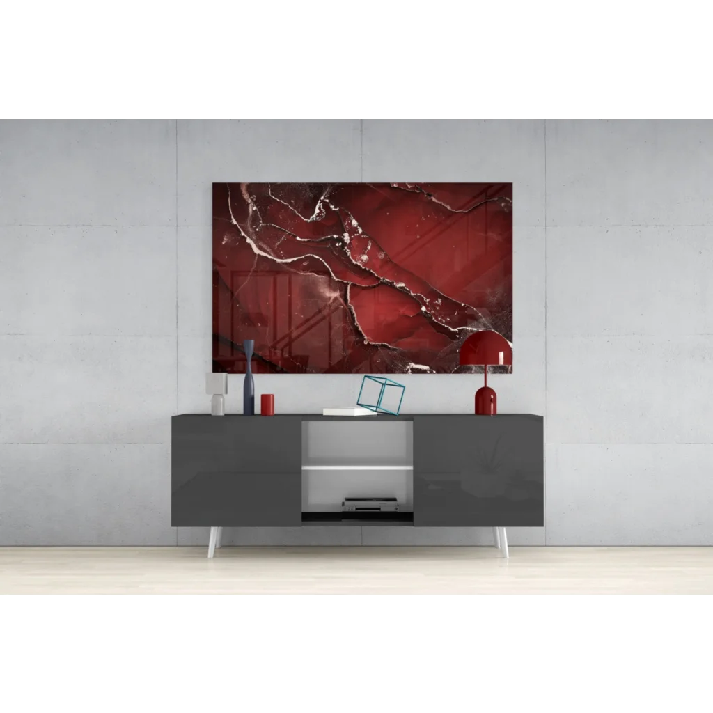 Stunning red marble glass wall art with silver swirls