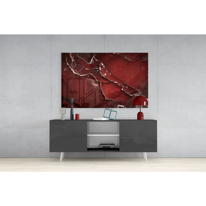 Stunning red marble glass wall art with silver swirls