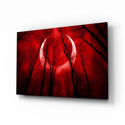 Stunning red crescent moon glass wall art with black tree silhouettes