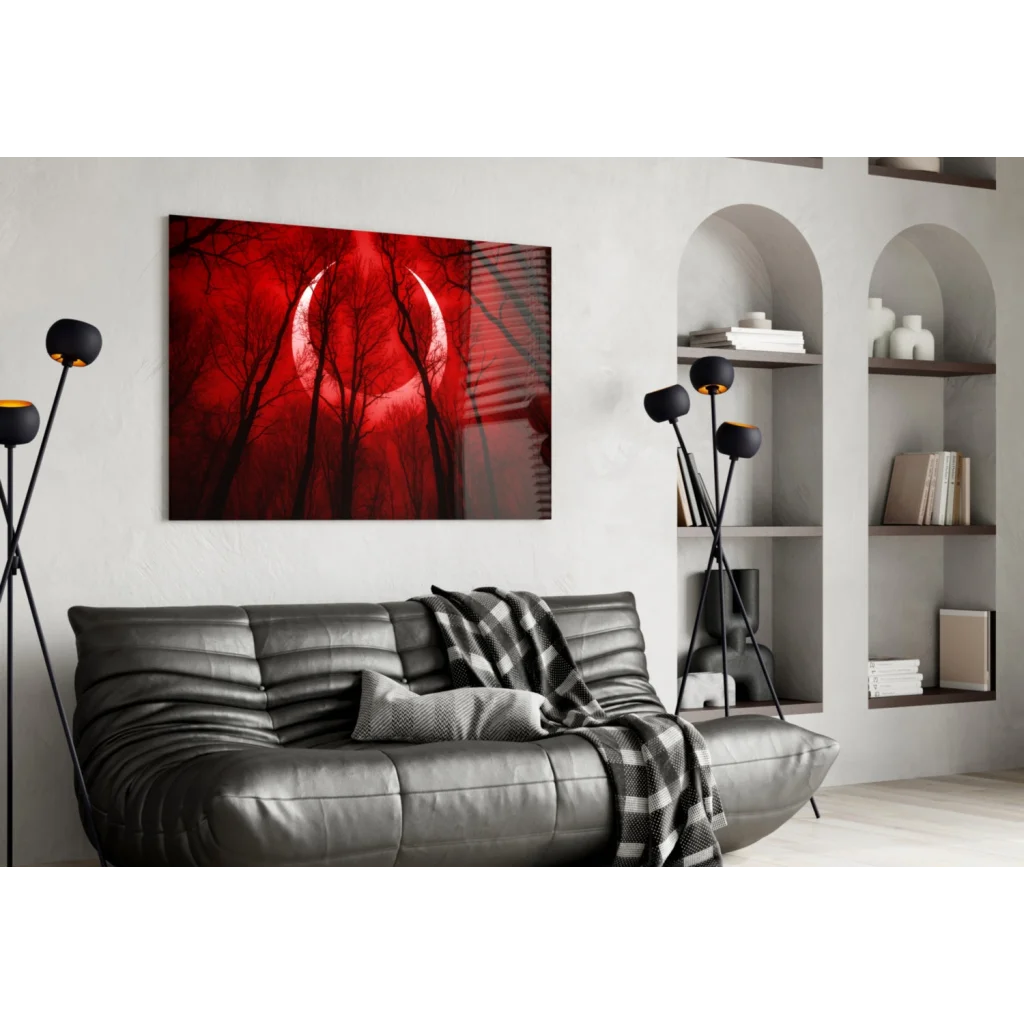 Stunning red crescent moon glass wall art with black tree silhouettes
