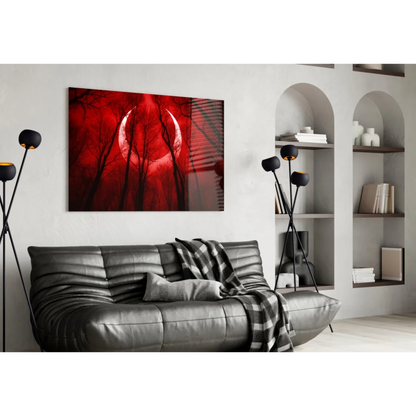 Stunning red crescent moon glass wall art with black tree silhouettes
