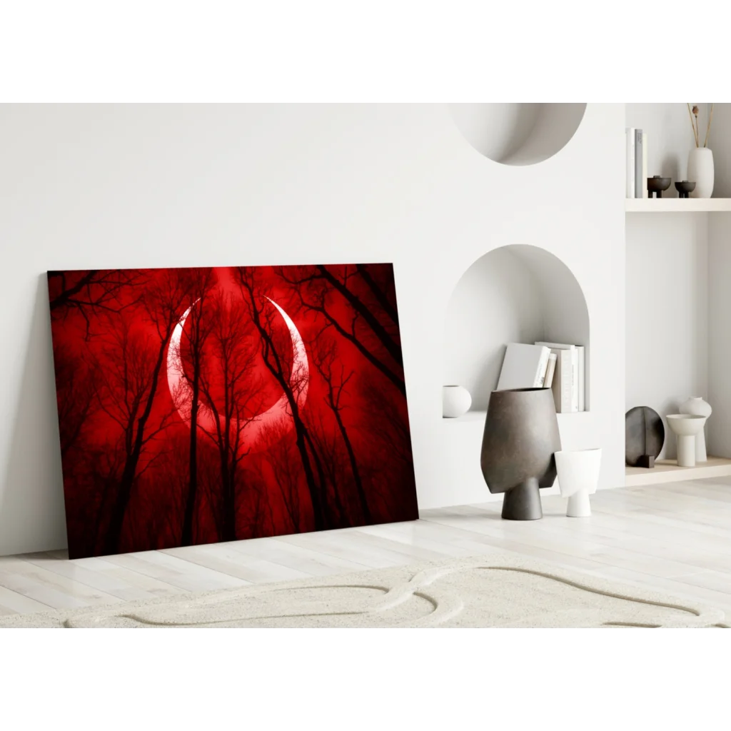 Stunning red crescent moon glass wall art with black tree silhouettes on white wall