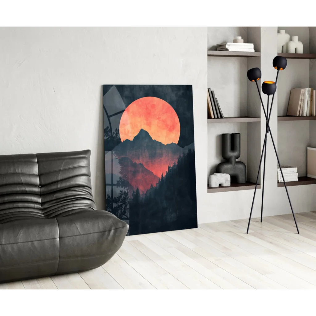 Stunning red moon glass wall art with mountain silhouette