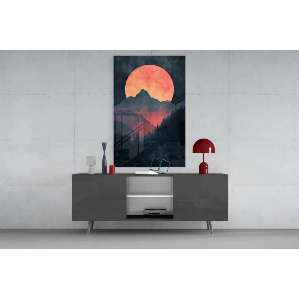 Stunning Red Moon glass wall art with mountain silhouette