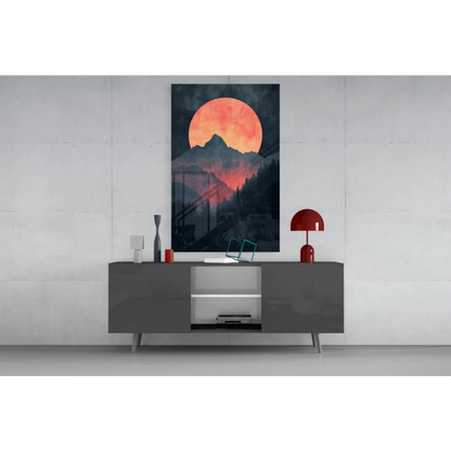 Stunning Red Moon glass wall art with mountain silhouette
