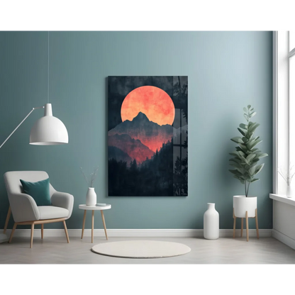 Stunning red moon glass wall art with mountain silhouette