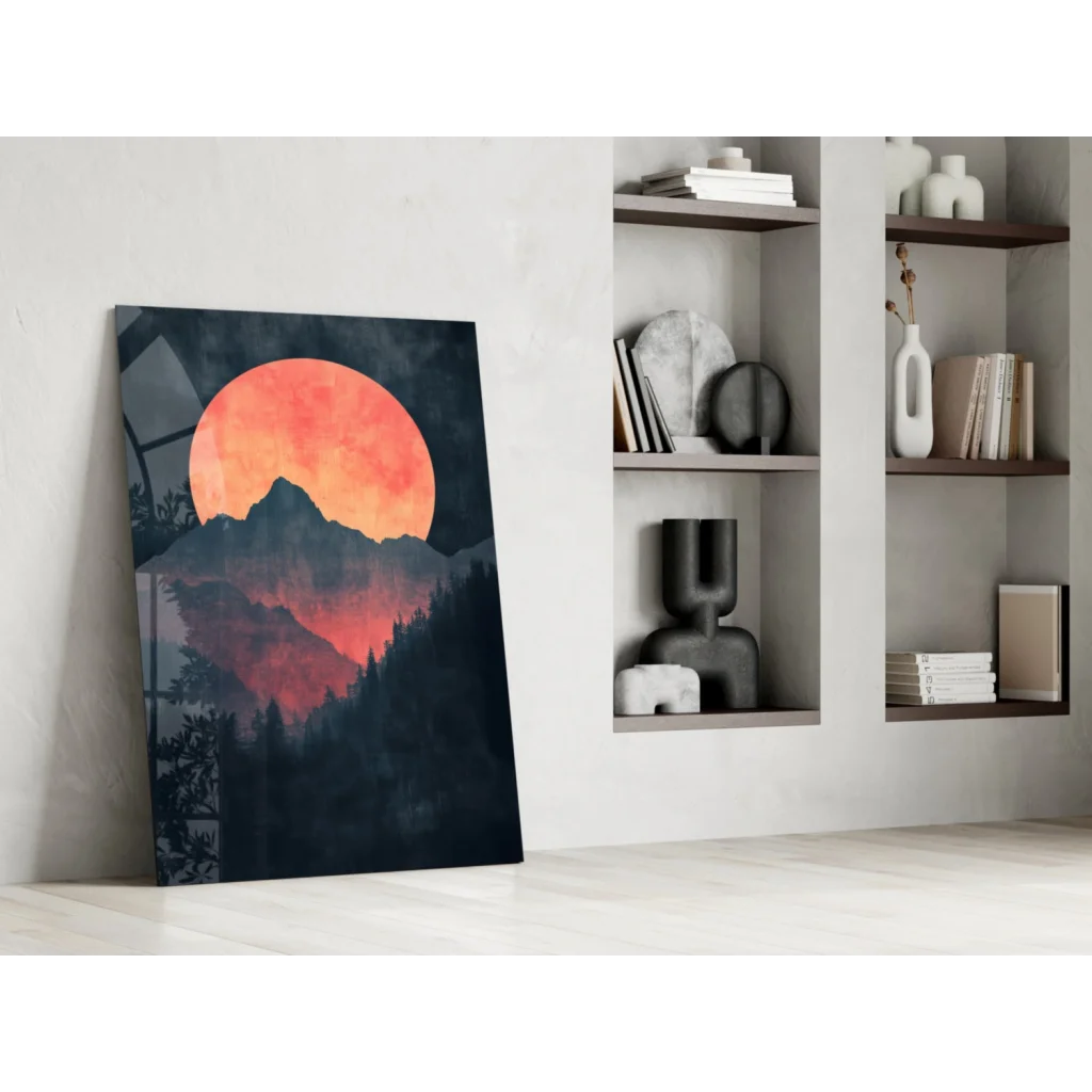 Stunning red moon glass wall art with sunset mountains silhouette