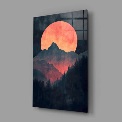 Stunning red moon glass wall art with black mountain silhouette