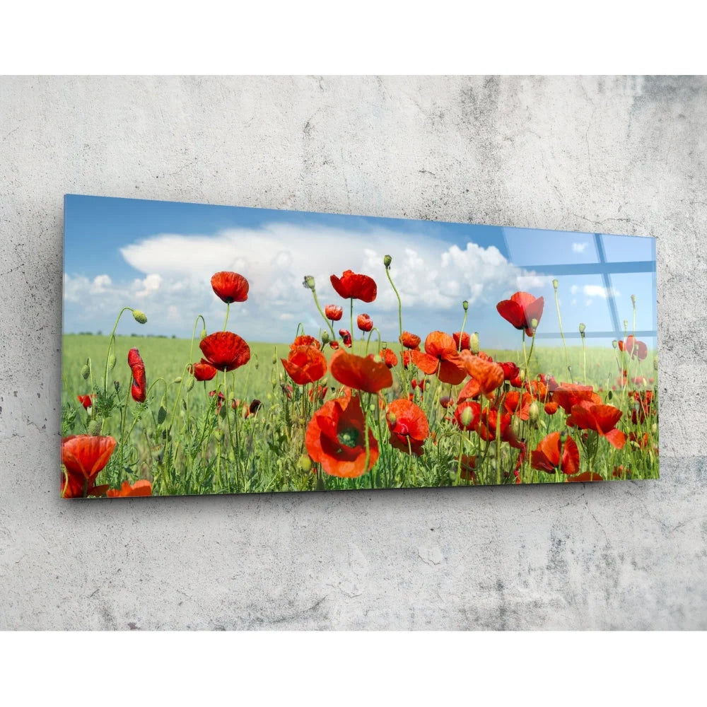 Vibrant red poppies bloom on tempered glass art panel for walls