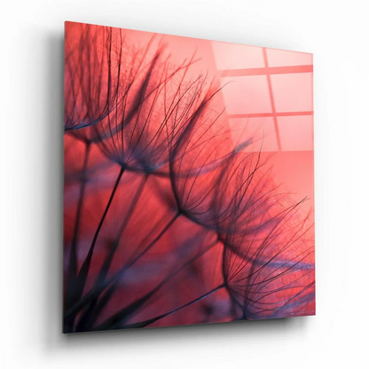 Stunning red purple dandelion glass wall art block with black seeds