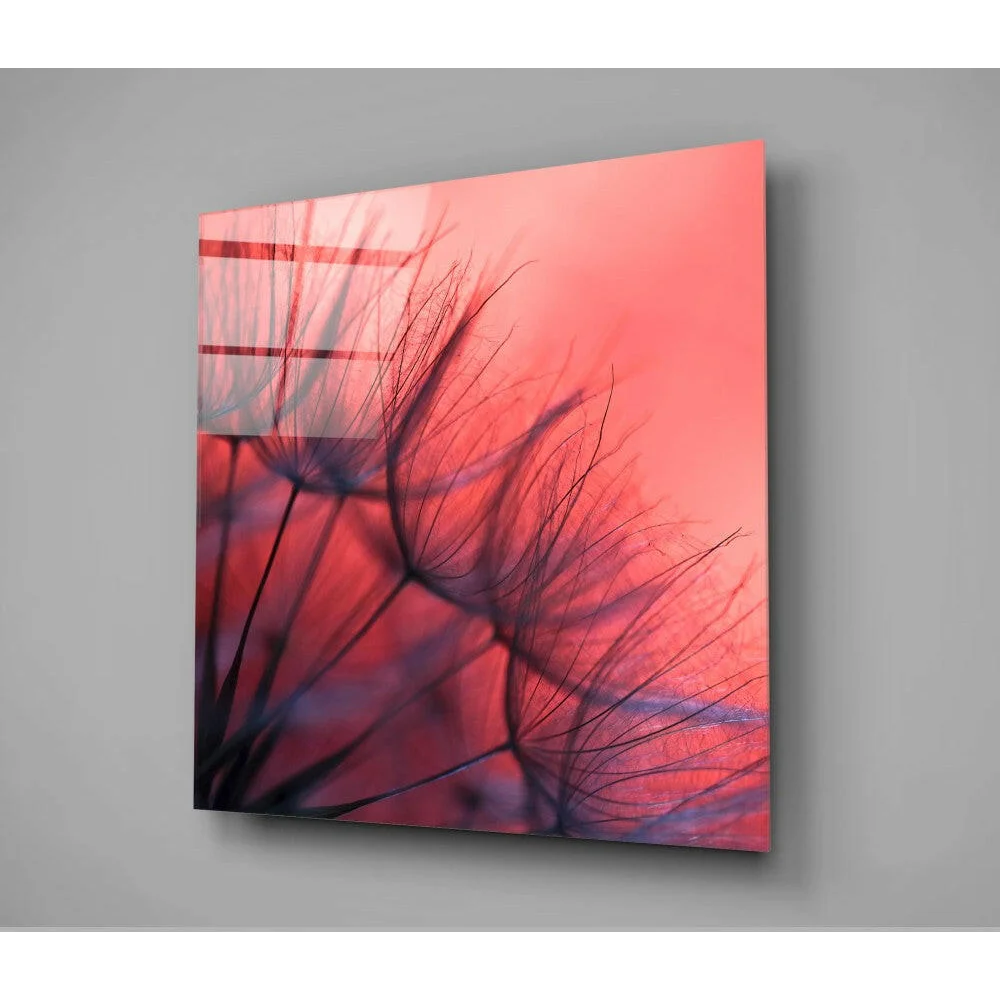 Stunning red purple dandelion glass wall art block