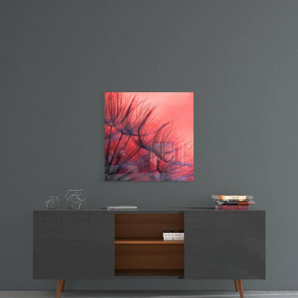 Stunning red purple dandelion glass wall art block with minimalist design