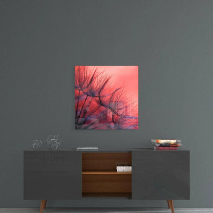 Stunning red purple dandelion glass wall art block with minimalist design