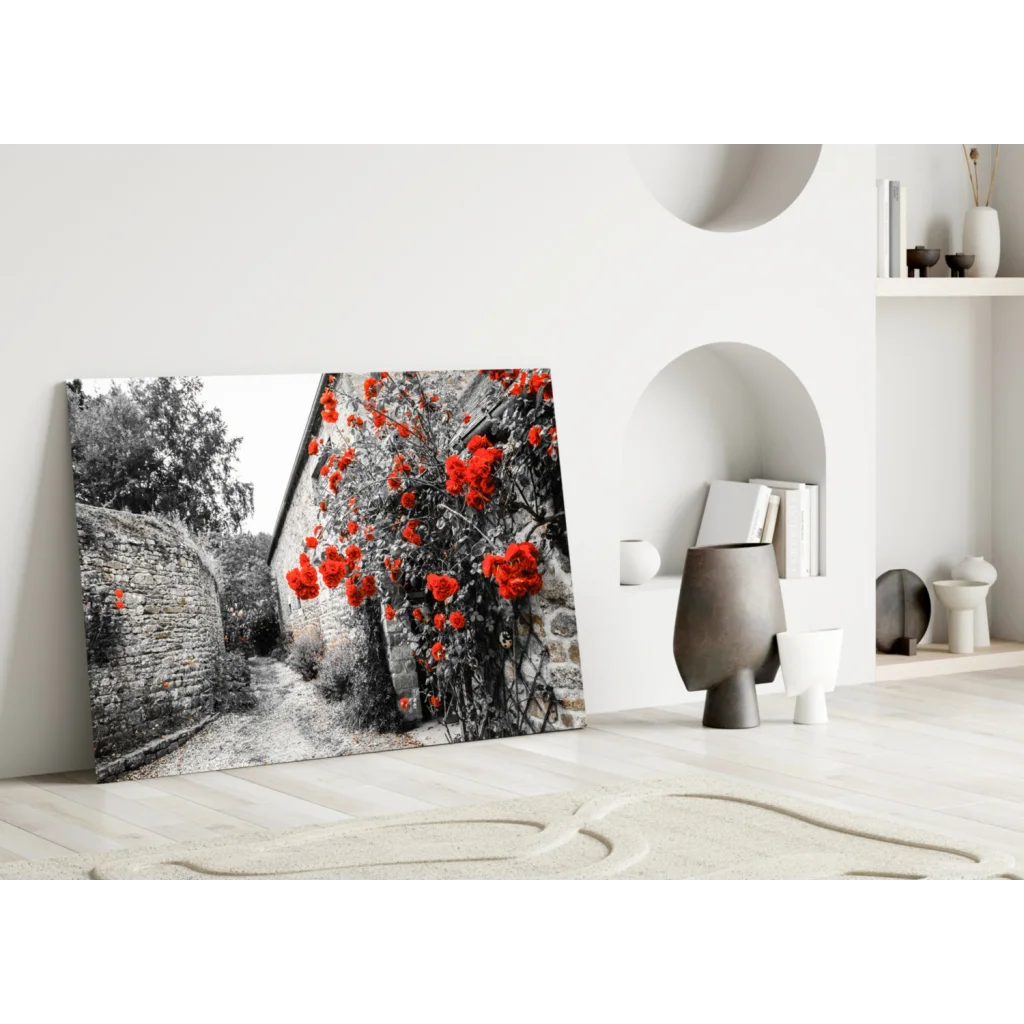 Stunning red rose barn wall art canvas print in black and white with red flowers