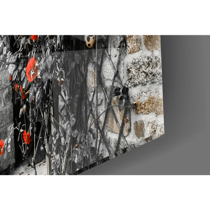 Stunning red rose barn wall art canvas print with black and white poppy flower and stone background