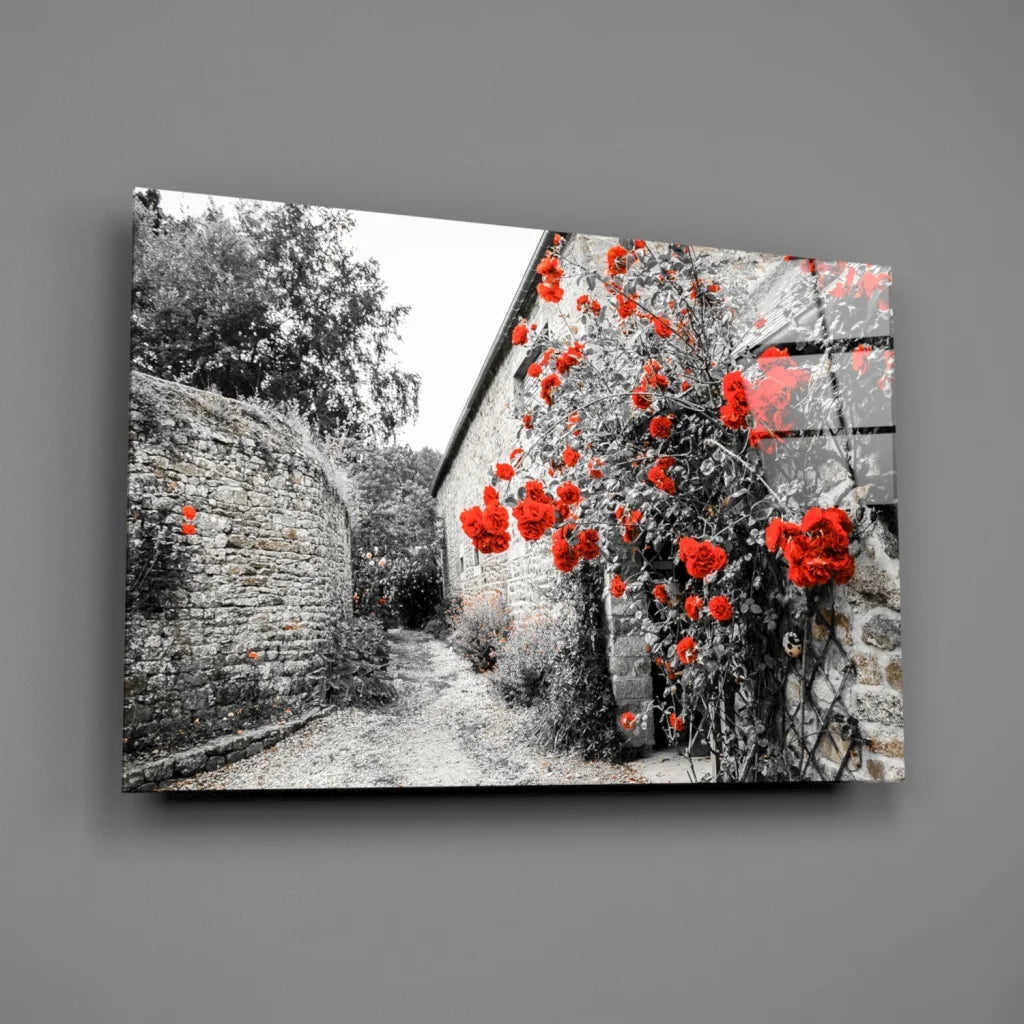 Vibrant red roses on black and white barn canvas wall art print