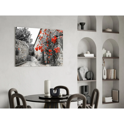 Vibrant red poppy garden wall art print in black and white modern design