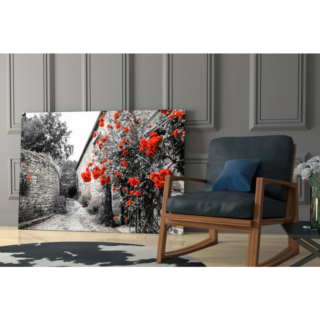 Black and white canvas wall art with red roses and rustic barn design