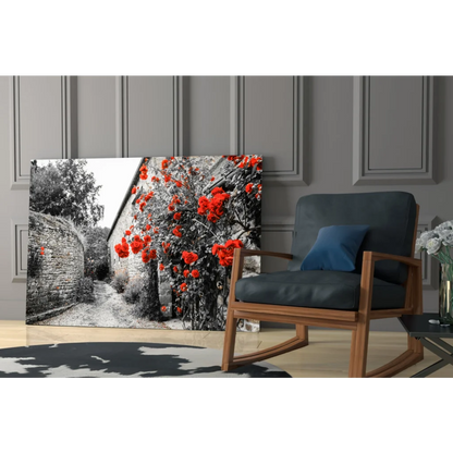 Black and white canvas wall art with red roses and rustic barn design