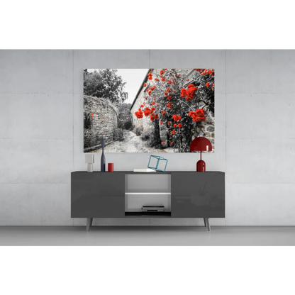 Modern gray sideboard with red rose wall art canvas accents