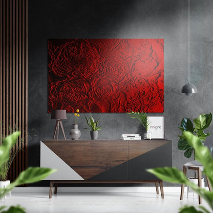 Vibrant red textured rose painting on brushed aluminium dibond wall art