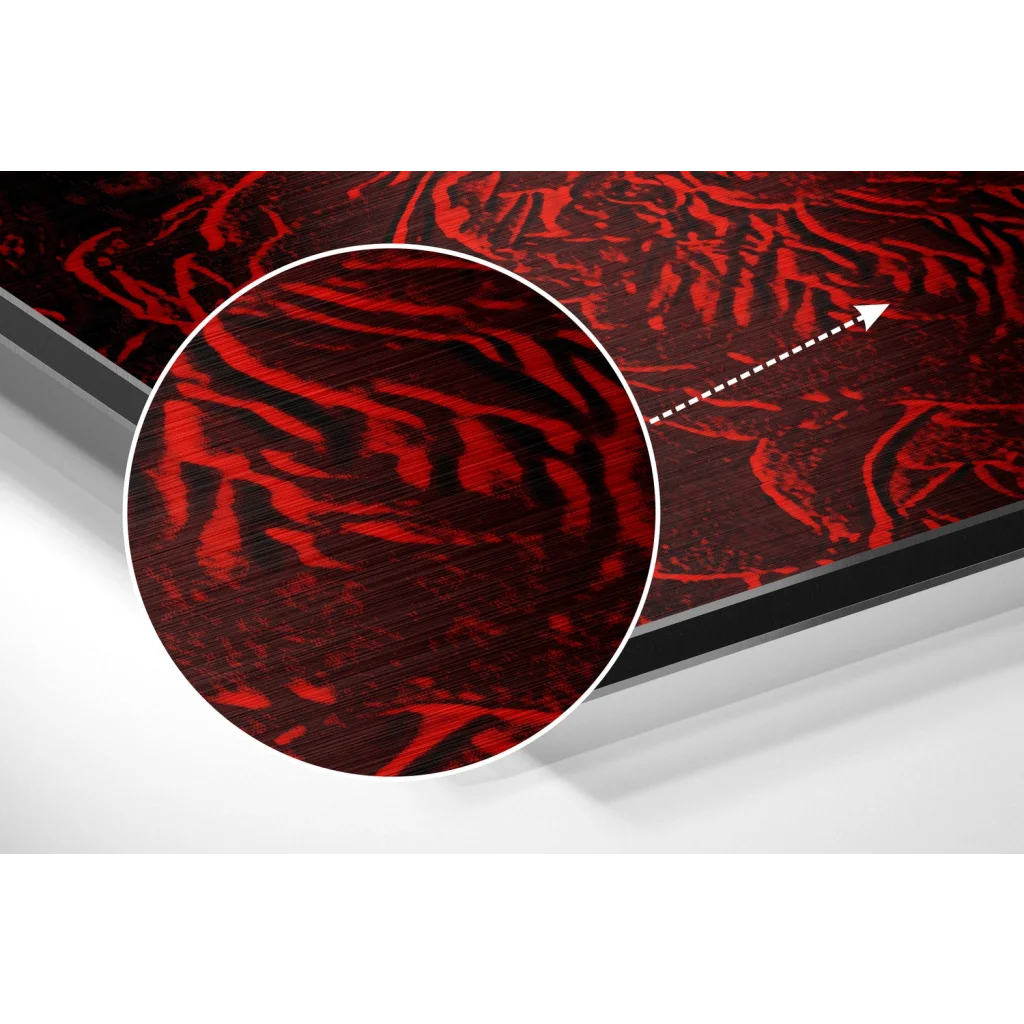 Stunning red rose brushed aluminium dibond wall art with swirling texture