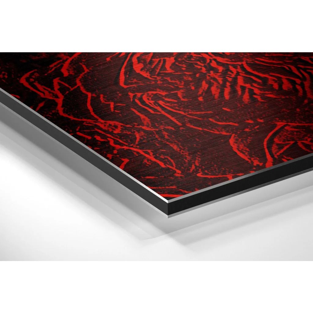 Sleek black-framed red abstract art print on brushed aluminium dibond