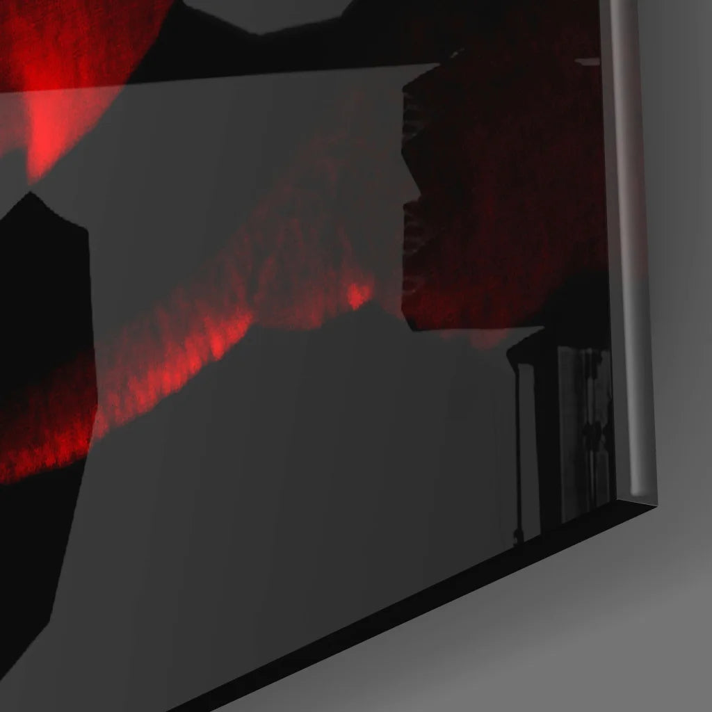 Sleek dark gray monitor with red streak in stunning red rose glass wall art