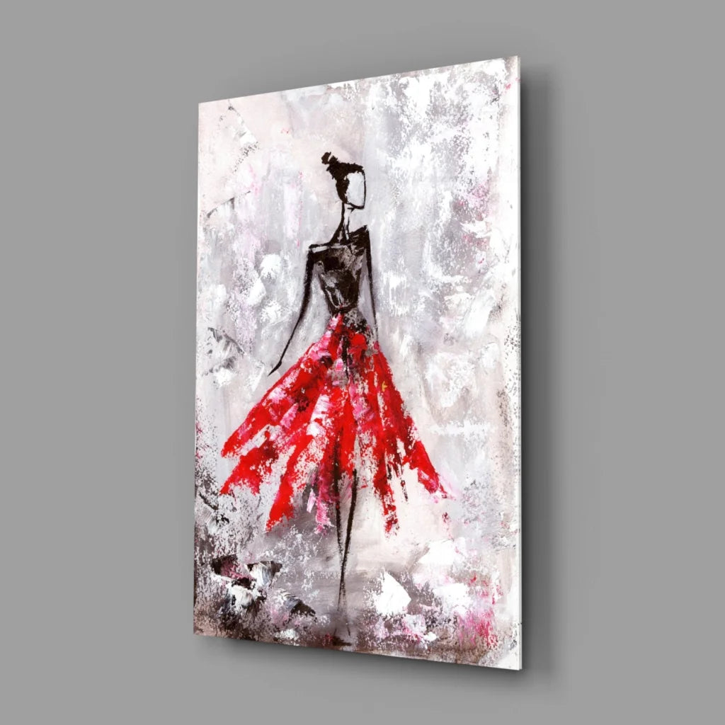 Stylized red skirt figure abstract canvas wall art on textured silver-gray background