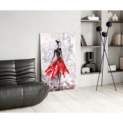 Stunning red skirt figure abstract canvas wall art on textured gray background