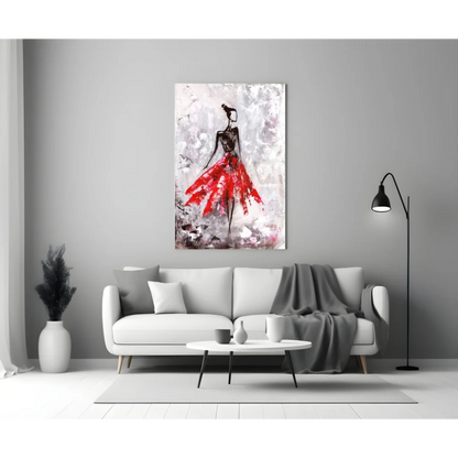 Stylized red skirt figure abstract canvas wall art on textured gray background