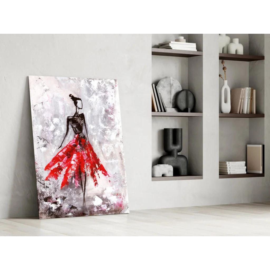 Vibrant red skirt figure abstract canvas wall art on textured gray background
