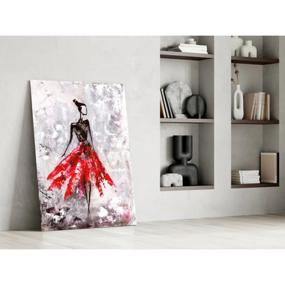 Vibrant red skirt figure abstract canvas wall art on textured gray background