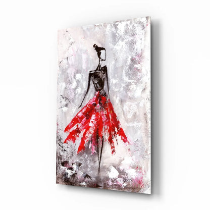 Stylized red skirt figure in abstract wall art on canvas