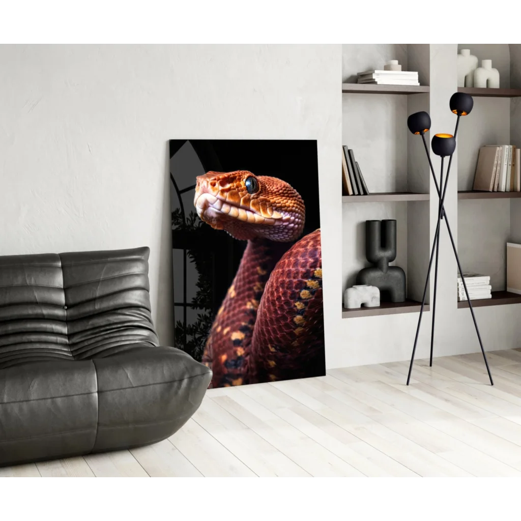 Stunning red snake glass wall art with glossy brown snake on black background
