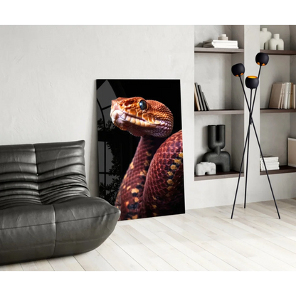 Stunning red snake glass wall art with glossy brown snake on black background