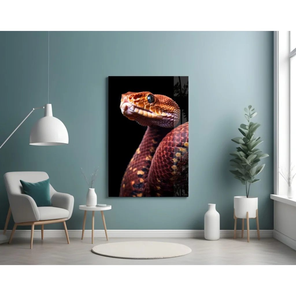 Stunning red snake glass wall art with glossy finish on teal wall