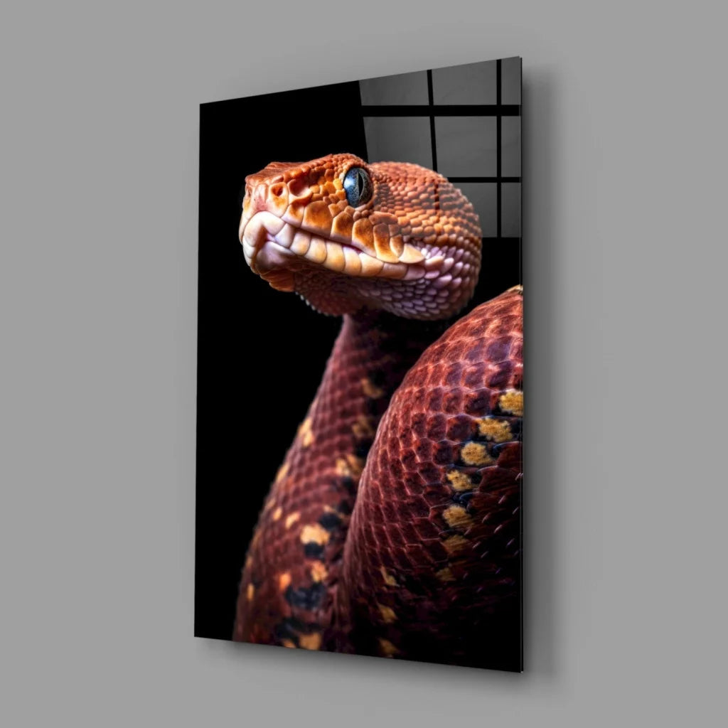 Stunning red snake glass wall art print on glossy metal