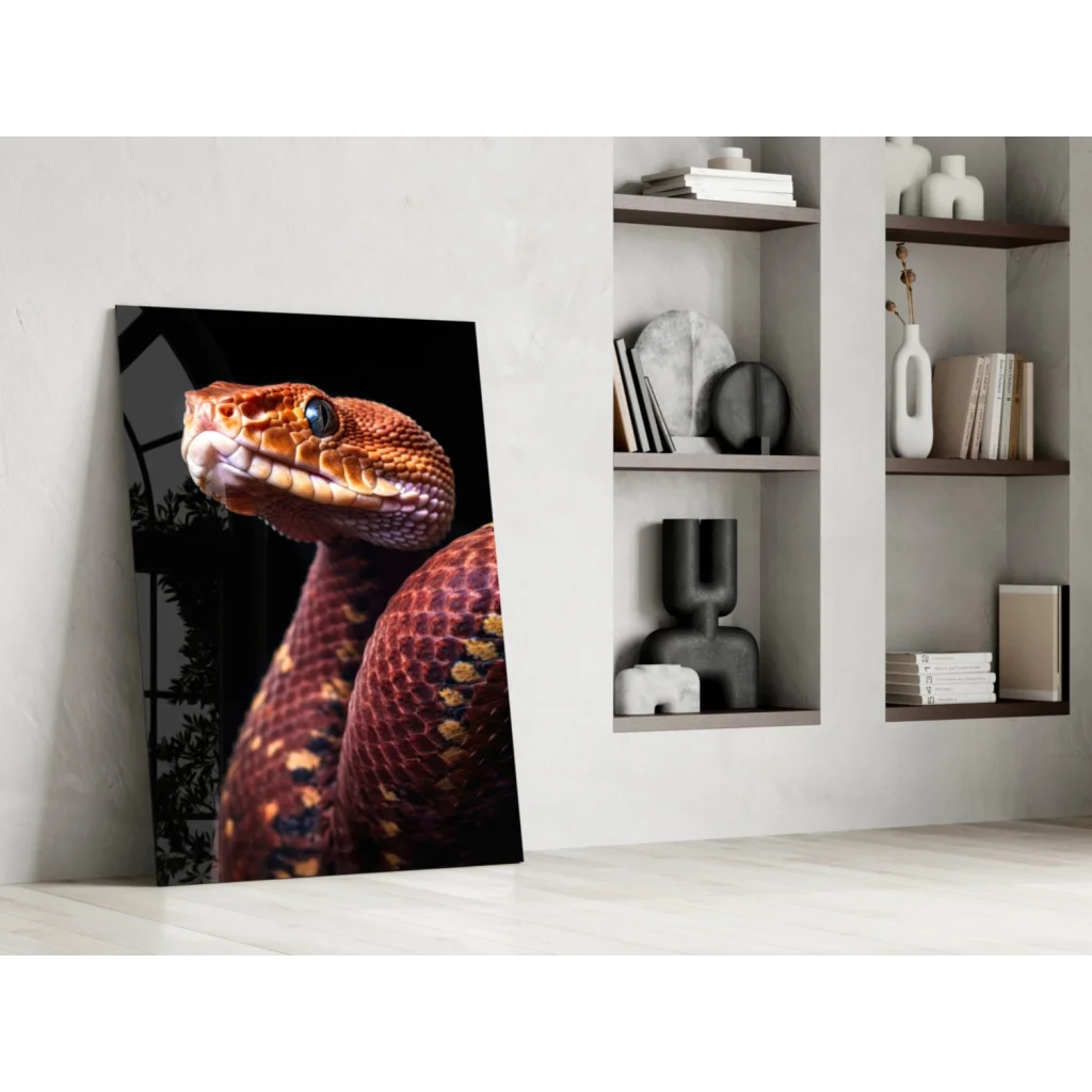 Stunning red snake glass wall art with vibrant scales on glossy black background