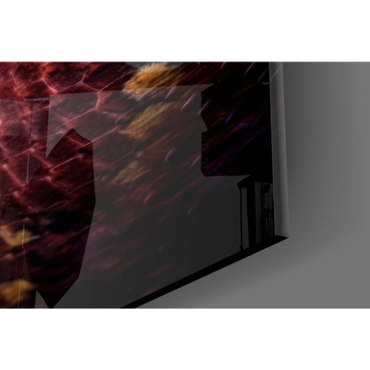 Stunning red snake glass wall art with glossy finish and geometric patterns