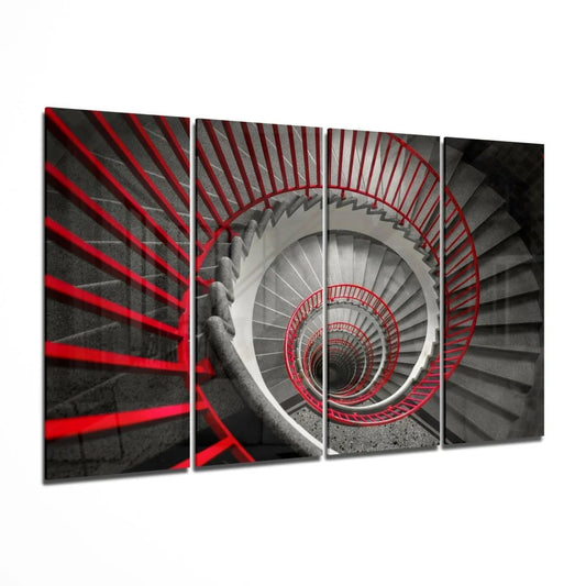 Stunning red spiral staircase wall art print with concrete steps