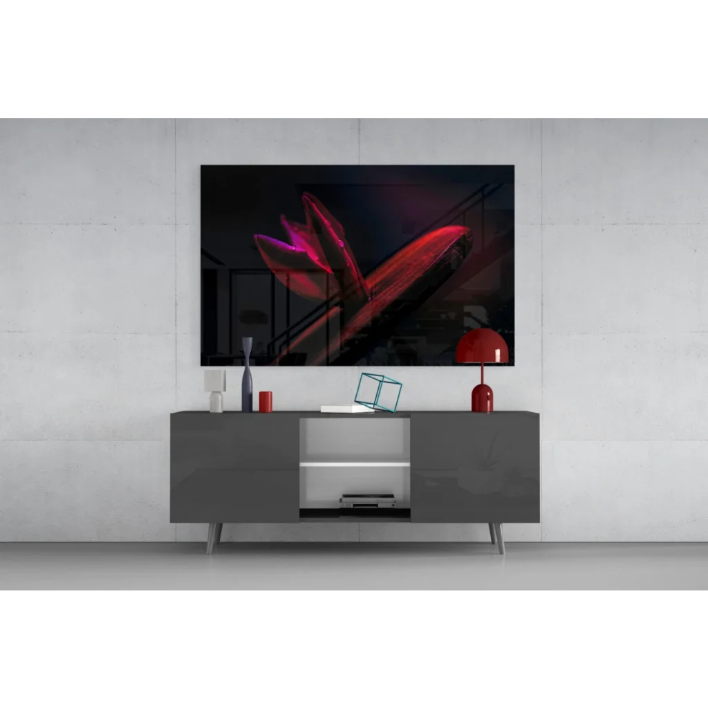 Sleek gray sideboard with stunning red tulip wall art on black canvas