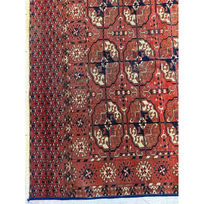 Turkmen Persian rug, fringe and selvage detail, intact borders, uniform low pile professionally cleaned