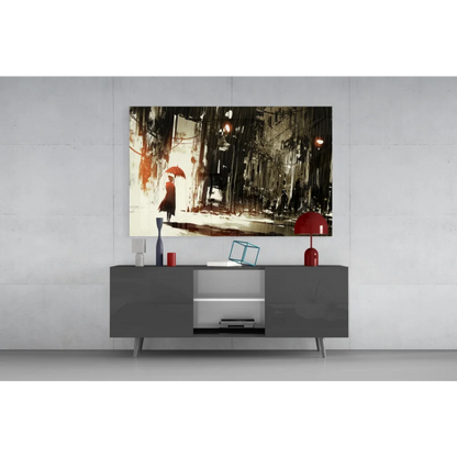 Stunning red umbrella canvas wall art on modern black lacquered sideboard